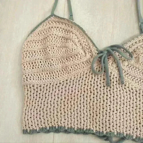 LOVE KNITS | Women's Tan/Green Crochet Tie-Up Spaghetti Strap Crop Top - Picture 2 of 4